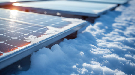 Solar panels during winter conditions in a snowy environment.の素材