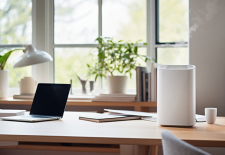 Air purifier or aromatherapy diffuser humidifier in a home office setup with simple and modern design.の素材