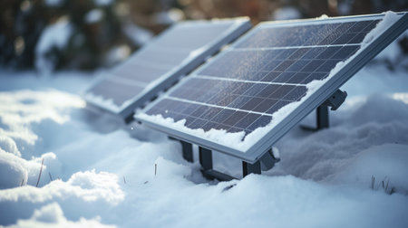 Solar panels generating clean electricity in a snowy environment after a snowfallの素材