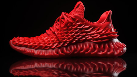 3d printed red lightweight custom sports shoe manufactured with flexible thermoplastics and advanced techniques isolated on black background.の素材