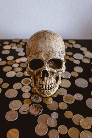 Skull with different coins on a black table. Pirates style. Can represent economical crisis, death etcの写真素材