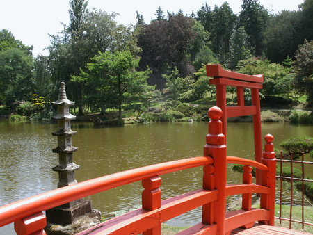 red Japanese bridge and zen pondの写真素材