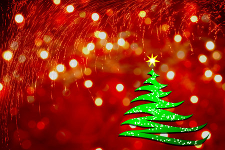 stylized Christmas tree on red background with lightsの写真素材