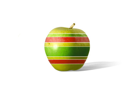 apple with multicolored stripes and shadow projected on a white backgroundの写真素材