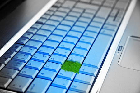 computer keyboard with a button on the green grassの写真素材