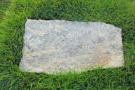 Rough rectangular granite stone with natural grass borderの写真素材