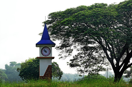 Mini scenic clock tower among vegetation in the countryside of Goa, Indiaの写真素材