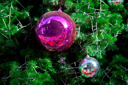 Sphere balls are decorated on Christmas treeの写真素材