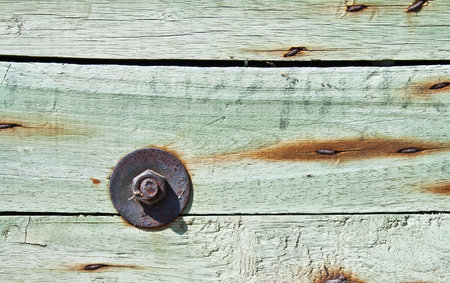 Closeup shot of rusty screw with wooden wallの写真素材