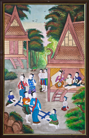 The public Thai art painting image on the wall in the templeのeditorial素材