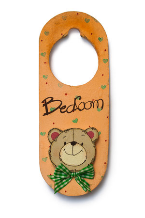 A notice hanging sign for bedroom isolated over white backgroundの写真素材