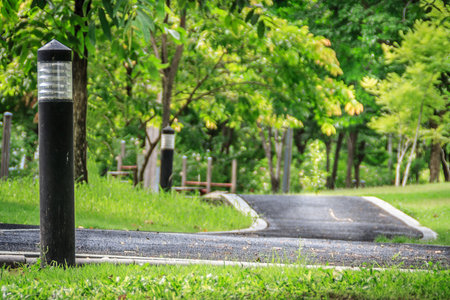 Short pole lamp and asphalt footpath in public gardenの写真素材