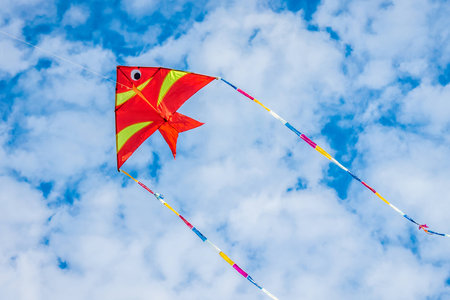 Kite flying in dramatic blue cloudy skyの写真素材