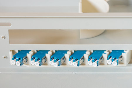 The optical fiber connectors are arranged in a optical fiber distribution frameの写真素材