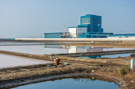 A factory near by salt evaporation pond at countryside in Thailandのeditorial素材
