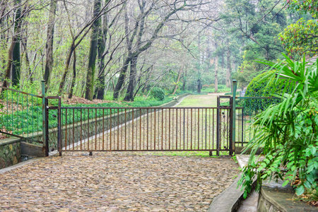 The iron gate and the path way to parkの写真素材