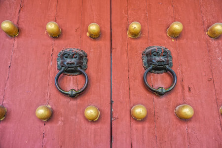 The art of Chinese temple wooden door and door knockerの写真素材