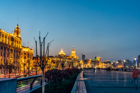 SHANGHAI, CHINA - FEBRUARY 1, 2015: Landscape view at the Bund in the evening. The Bund is a waterfront area in central Shanghai, China.のeditorial素材