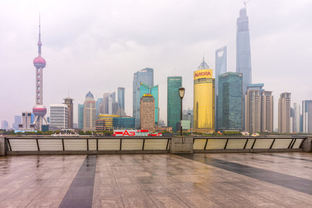 SHANGHAI, CHINA - MARCH 28, 2014: Pudong landmarks after rainy day. Pudong is a district of...