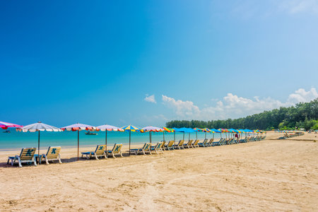 Line of beach umbrellas and sunbathe seats on Phuket sand beach in Southern Thailandのeditorial素材