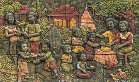 Vintage handicraft stone image of traditional Thailand New Year. The new year is also called The Songkran festivalの写真素材
