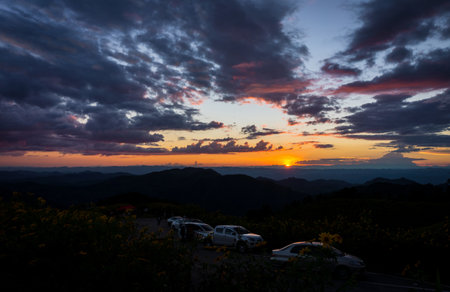 Twilight time and sunset on Doi Mae Au Kho mountain, Northern Thailand