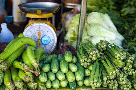 Eggplants Solanum melongena, cucumbers Cucumis sativus and raw roselles Hibiscus sabdariffa are vegetables for retail sale in Thailand fresh food marketの写真素材