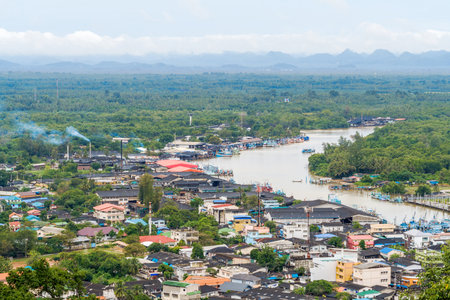 Aerial view of Paknam Chumphon and Tha Taphao river. It is the seashore tourist attraction in Chumphon province, Thailand.の写真素材