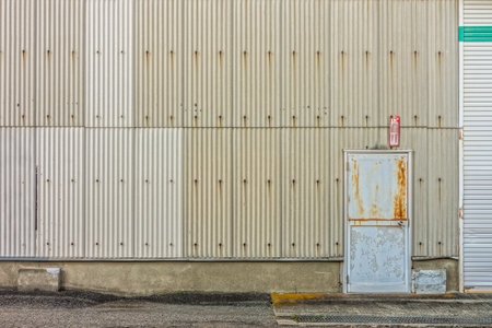 Steel door and corrugated wall of factory. Old rusty and grunge building.の写真素材
