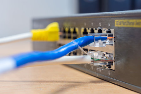 Closeup of LAN cable with RJ45 connector plugged into fast ethernet interface port of Switch. They...