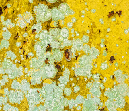Breakdown, cracking and flaking of rusty yellow metal surface. It was exposed to the weather.の写真素材