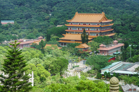 View of Po Lin Buddhist Monastery from afar. Located on Ngong Ping Plateau, on Lantau Island, Hong Kong.のeditorial素材