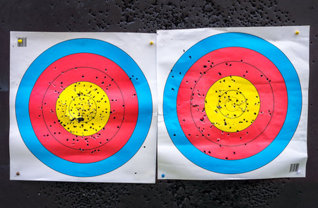 Target face papers on backstops. They are equipments of archery sport.の写真素材