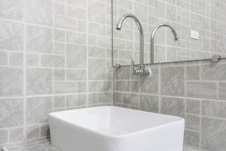New  modern washbowl and chrome curve faucet. They are in a luxury restroom.の写真素材