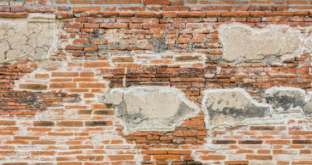 Ancient brick wall at Wat Mahathat. The old building ruins in Ayutthaya, Thailand, Southeast Asia.の写真素材