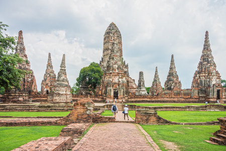 Wat Chaiwatthanaram with tourist in Ayutthaya Historical Park, Thailand. It was built and designed in Khmer style.の写真素材