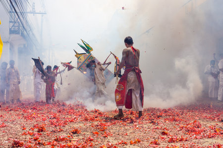 The procession of masong and litter in a vegetarian festival. This annual festival takes place from Oct 9 to Oct 17, 2018.のeditorial素材