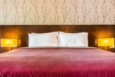 Interior decoration of contemporary bedroom with red blanket. It consists of bed, white pillows and modern lamps.の写真素材