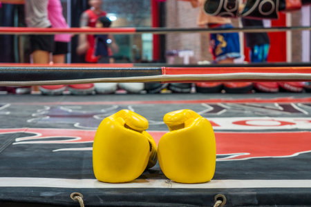 Yellow boxing gloves for amateur boxing. They are on competition ring in a indoor gymnasium.の写真素材