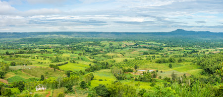Panorama of rural area view from Khao Ta-Khian Ngo Viewpoint. Location in Khao Kho District, Phetchabun, Thailand, Southeast Asia.の写真素材
