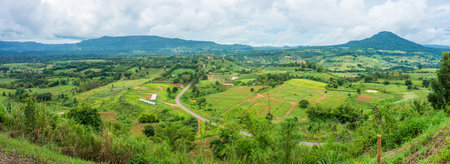 Panorama of landscape view from Khao Ta-Khian Ngo Viewpoint. Location in Khao Kho District, Phetchabun, Thailand, Southeast Asia.の写真素材