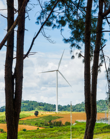 Wind turbines farm on mound view between trees. The clean energy system in Khao Kho District, Phetchabun, Thailand, Southeast Asia.の写真素材