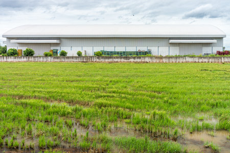 Factory warehouse building. It is near rice field.の写真素材