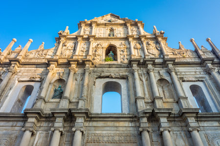 Bottom up view of the St. Paul's Ruins. It is the southern stone facade of Roman Catholic Church in Macau, China, Asia.の写真素材
