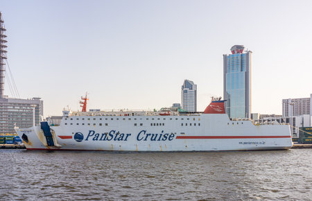 OSAKA, JAPAN - MAR 30, 2019: PanStar Cruise Ferry at Osaka bay in Japan. It provide a passenger service from Osaka to the Korean mainland port of Busan.のeditorial素材