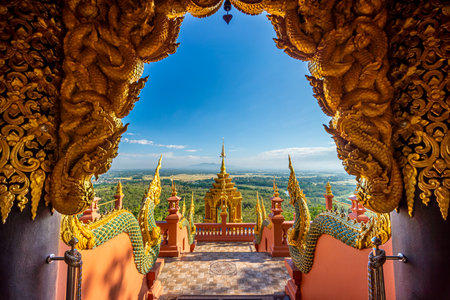 Wat Phra That Doi Phra Chan on the top hill of Doi Phra Chan mountain. It is Lanna style Buddhist temple in Mae Tha, Lampang, Thailand.の写真素材