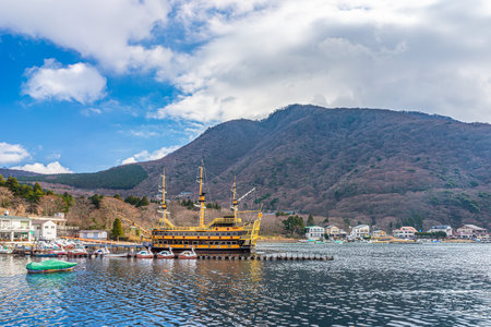 Cruise Ship and boats for sightseeing tourism at Hakone Pirate Ship Togendai Port. The address is at 164 Moto-Hakone, Hakone-machi, Ashigarashimo-gun in Japan, Asia.のeditorial素材