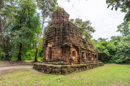 Diagonal view of Prasat Ta Muean. It is The Chapel for the rest house with Ancient Khmer Art of Bayon Style.の写真素材