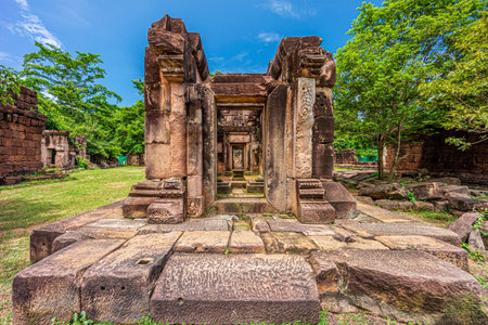 Front corridor leads to Principal Tower of Prasat Ta Muean Thom. It is an Ancient Khmer temple in Surin province, Thailand, Southeast Asia.の写真素材