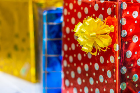 Close up of Christmas ornaments gift boxes. Xmas decorations are used to decorate the celebration.